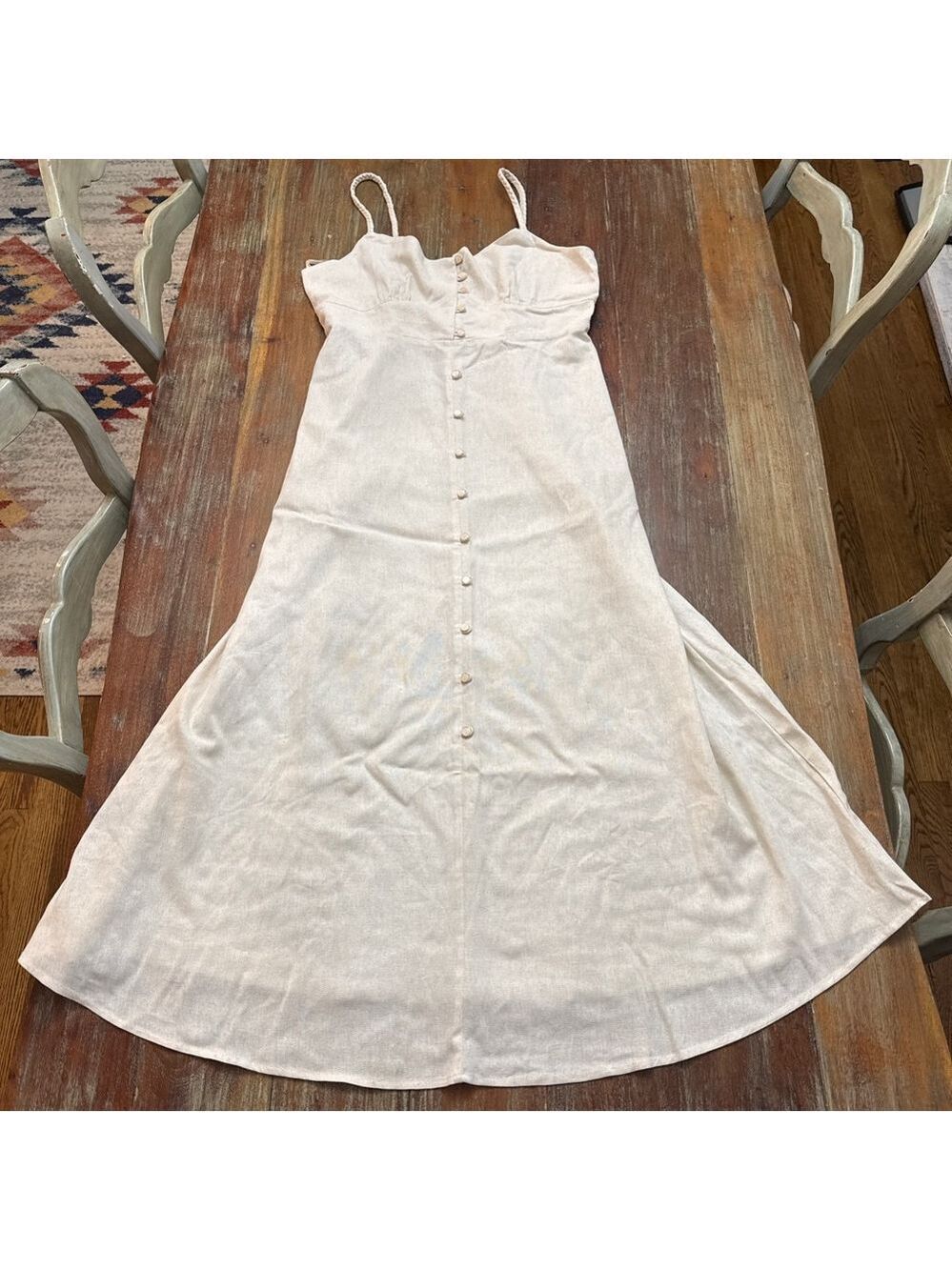 Monteau Los Angeles Cream Linen Blend Button Front Maxi Dress - Braided Straps M